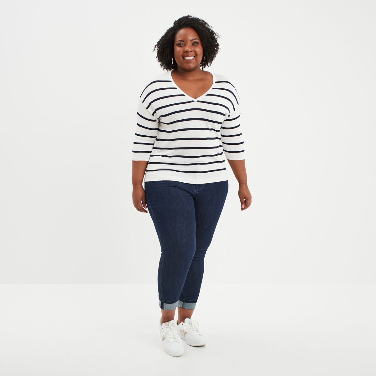 Pull col en V manches 3/4 ecru femme grande taille