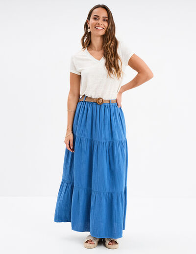 Jupe longue gaze de coton ceinturée bleu foncé femme