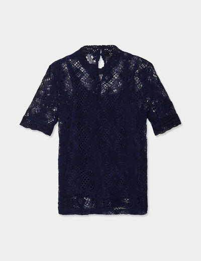 T-shirt dentelle manches courtes bleu marine femme