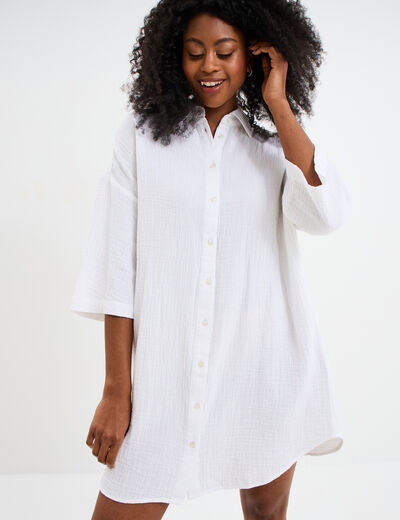 Robe chemise manches 3/4 gaze de coton blanc femme