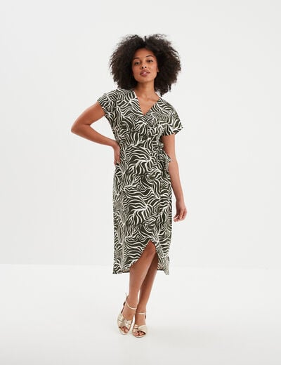 Robe portefeuille longue manches courtes vert kaki femme