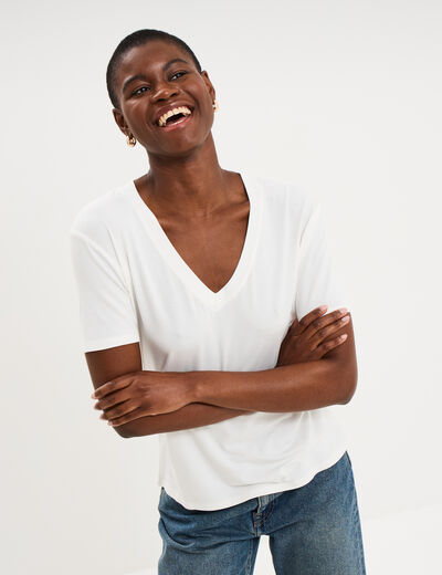 T-shirt fluide col en V manches courtes blanc femme