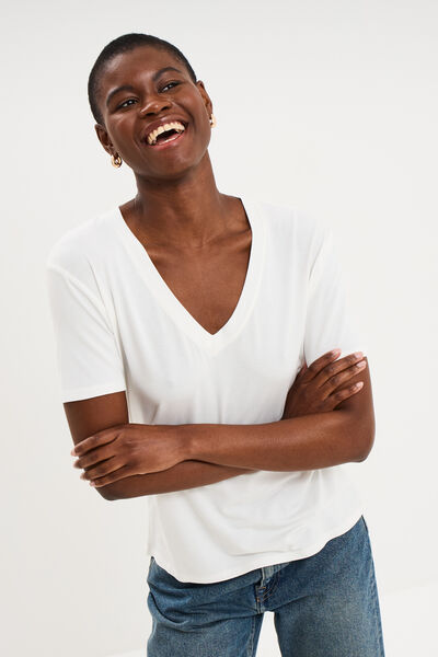 T-shirt fluide col en V manches courtes blanc femme