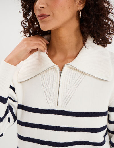 Pull col camionneur zipp&eacute; ecru femme
