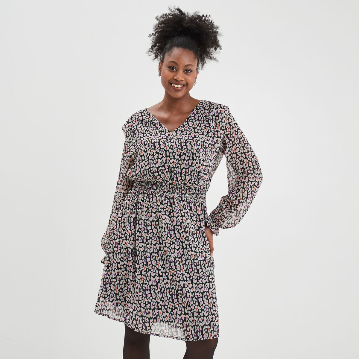 Robe évasée taille élastiquée col en V noir femme