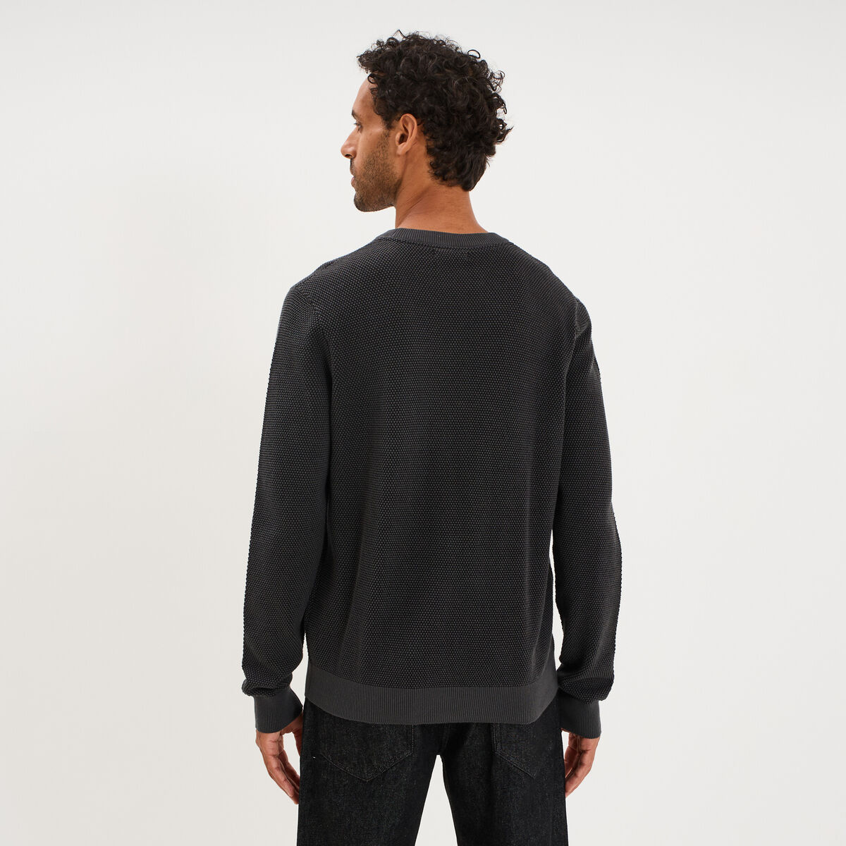 Pull col rond manches longues gris fonc&eacute; homme