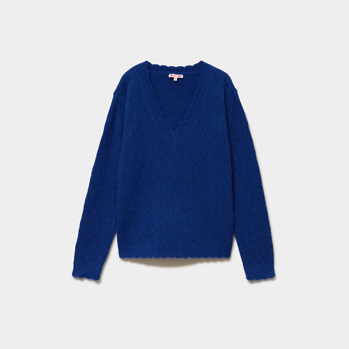 Pull col V ajour&eacute; manches longues bleu roi femme