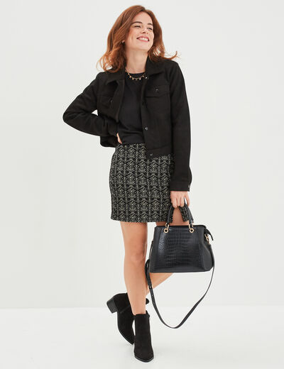 Jupe jacquard courte fendue noir femme