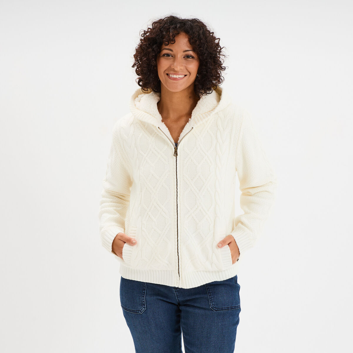 Sweat zipp&eacute; doublure effet sherpa ecru femme