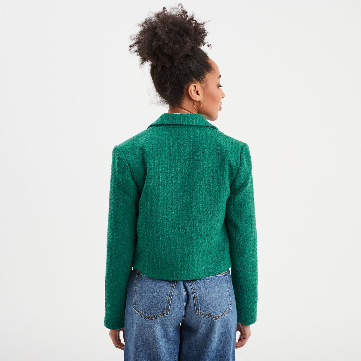 Veste courte tweed col tailleur vert femme