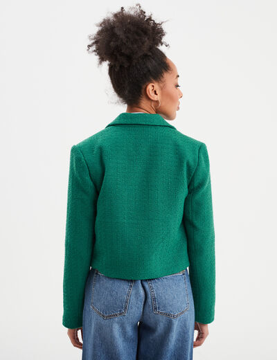 Veste courte tweed col tailleur vert femme