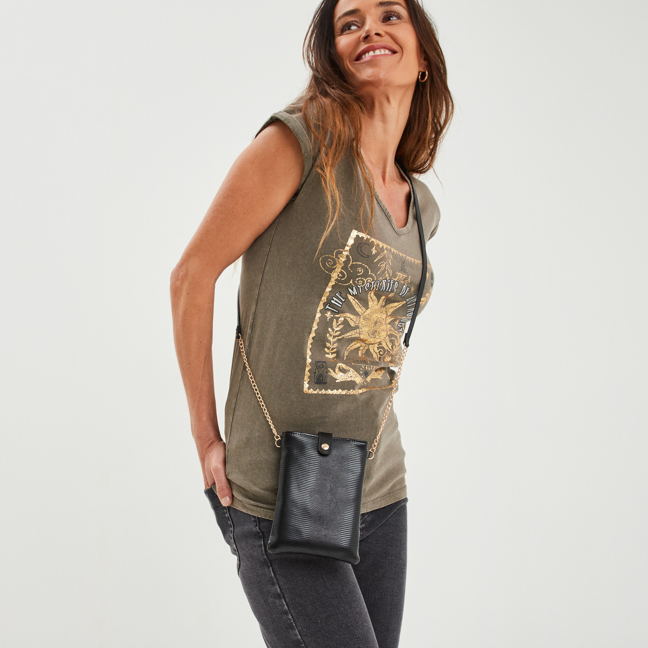 Pochette téléphone aspect croco noir femme LH