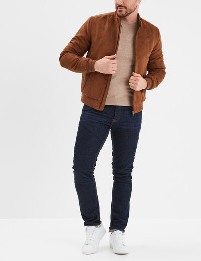 Pull droit col rond mélange coton beige homme