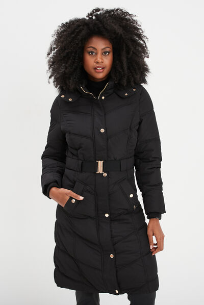 Doudoune longue ceinturée à capuche noir femme