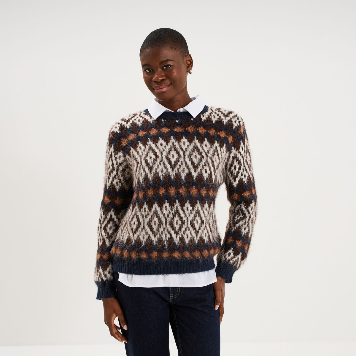 Pull manches longues col rond marron femme