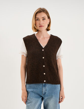 Gilet sans manches col V boutonn&eacute; marron fonc&eacute; femme