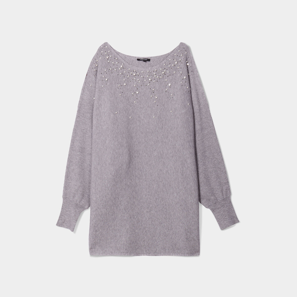 Pull perles et strass au col gris clair femme
