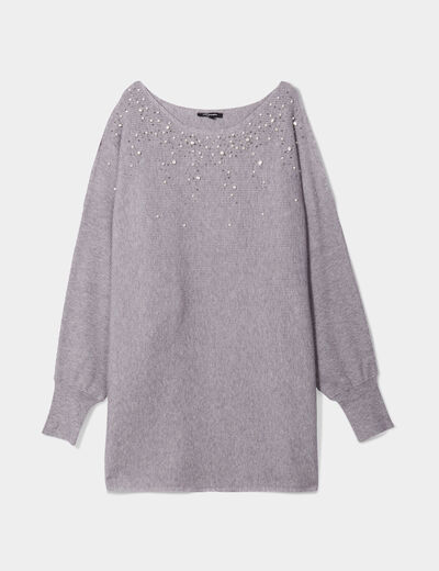 Pull perles et strass au col gris clair femme