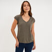 T-shirt col v poche poitrine vert kaki femme