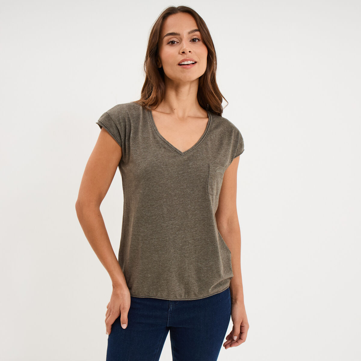 T-shirt col v poche poitrine vert kaki femme