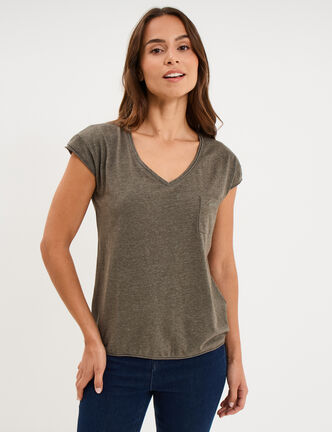 T-shirt col v poche poitrine vert kaki femme