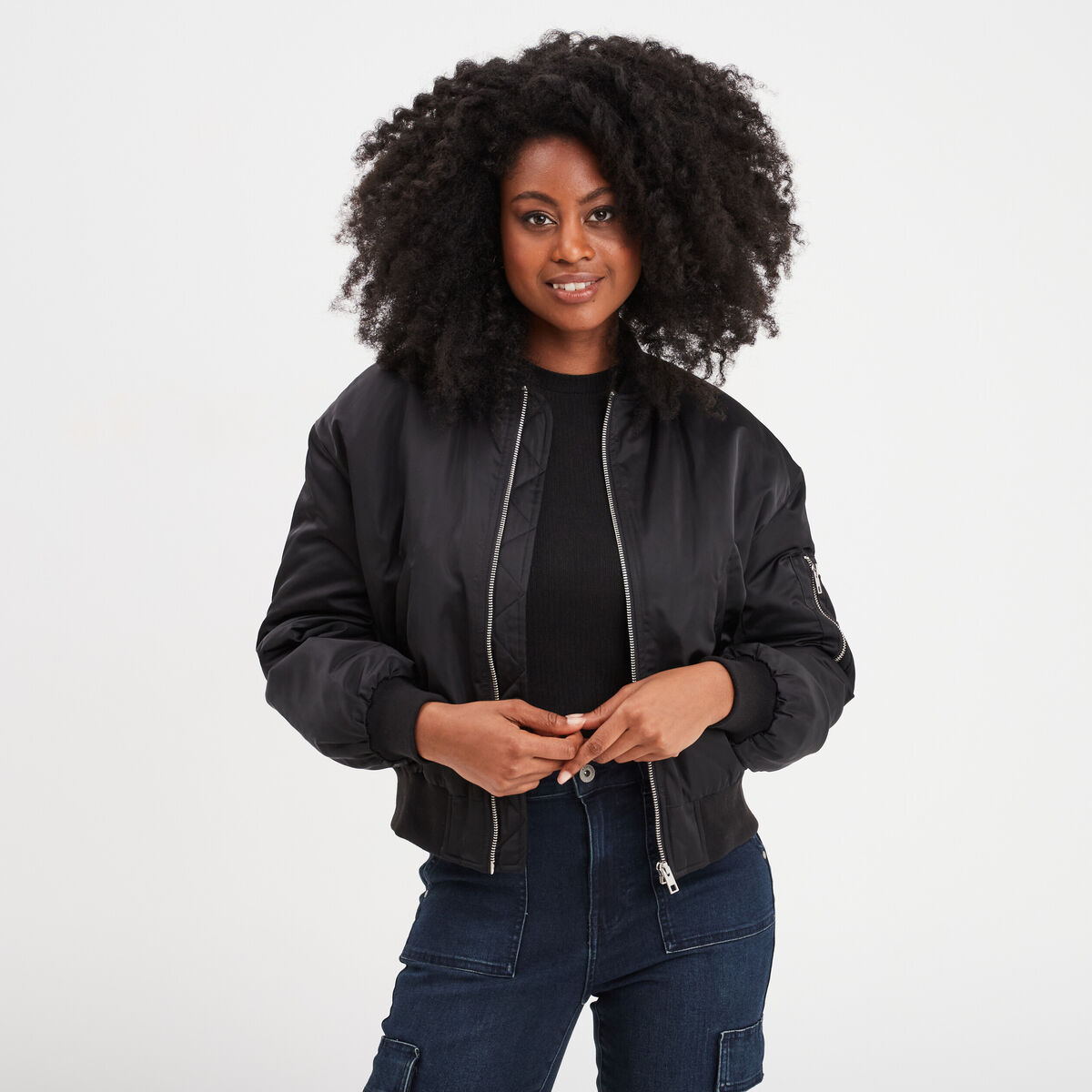 Veste bomber imperméable zippée noir femme