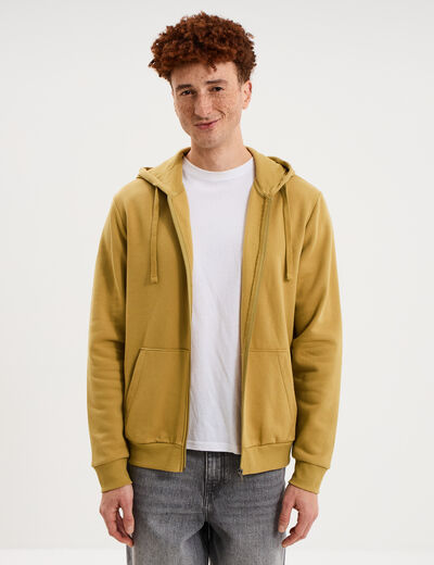 Sweat zipp&eacute; molleton &agrave; capuche vert kaki homme