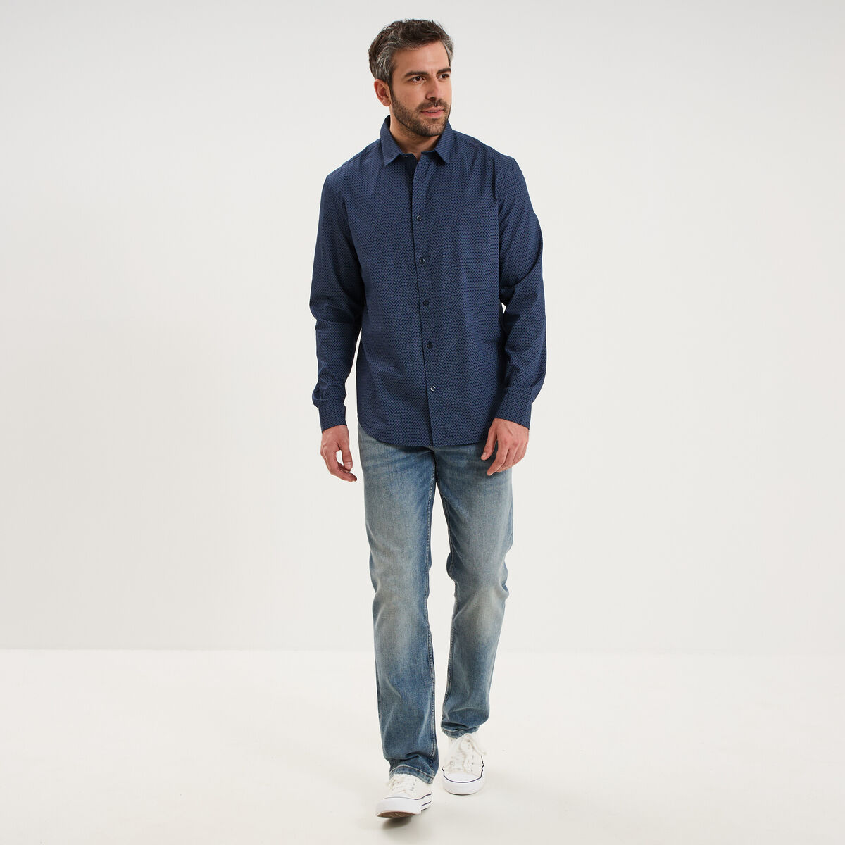 Chemise droite imprim&eacute;e manches longues bleu marine homme
