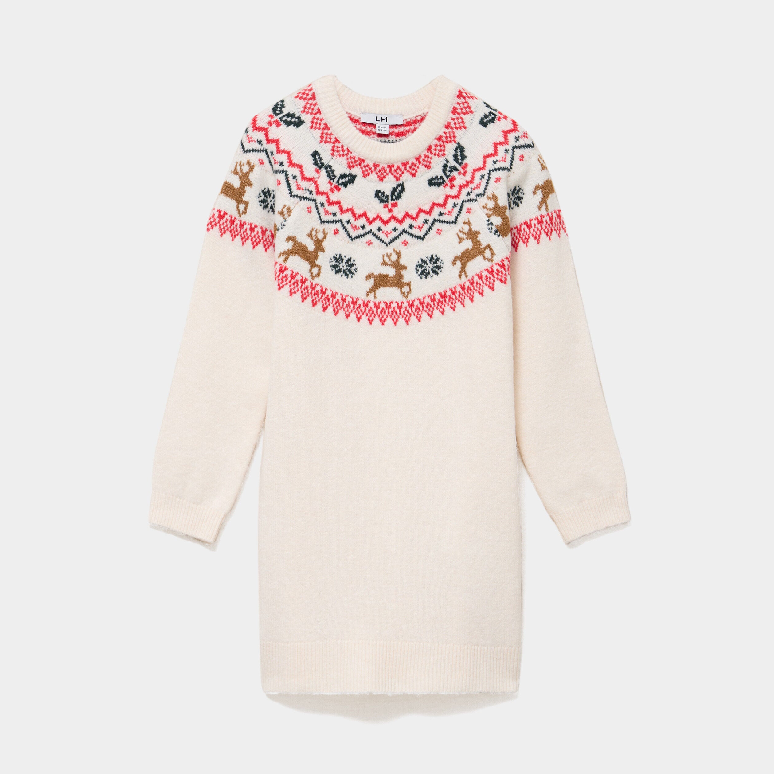 Robe pull droite manches longues Noël ecru fille LH