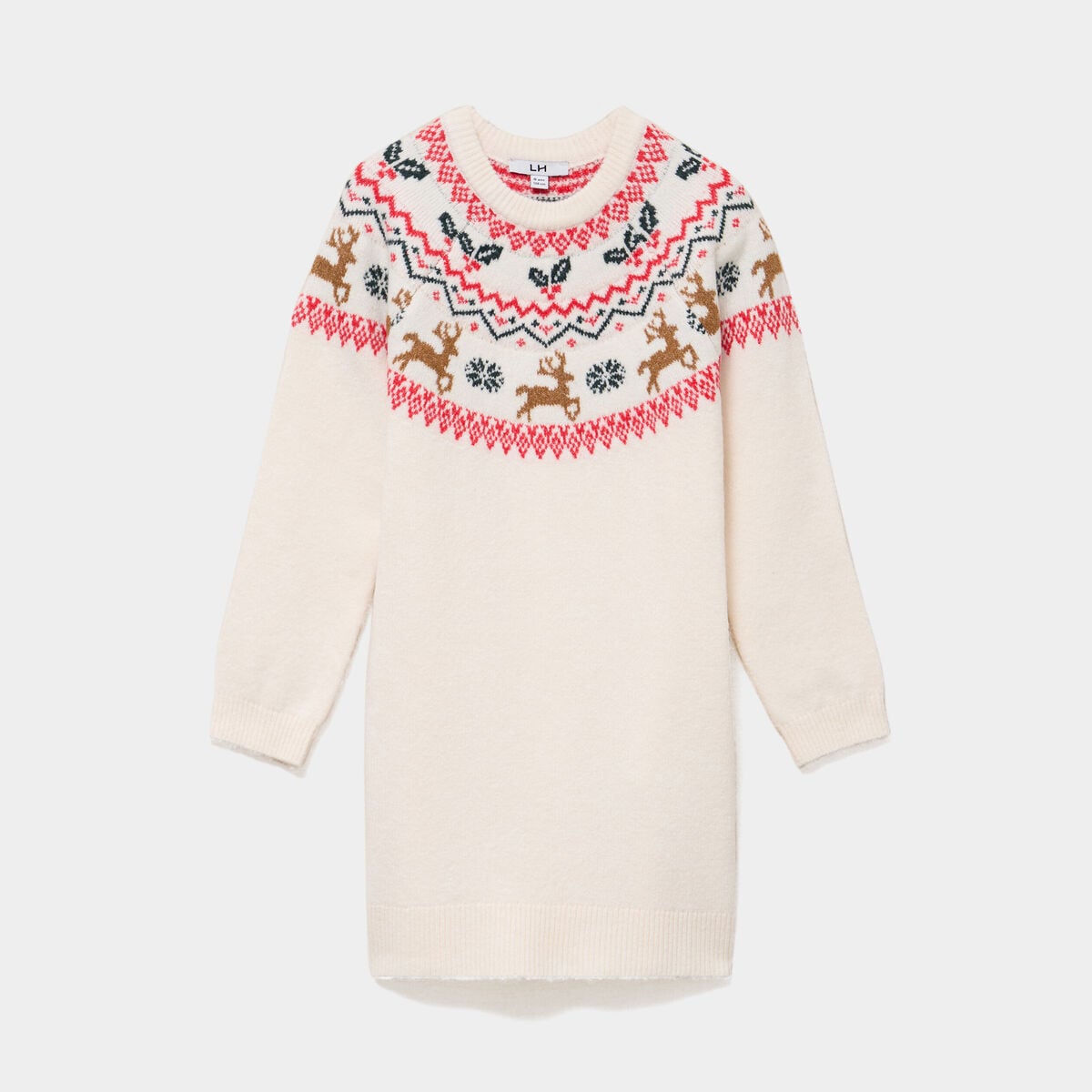 Robe pull droite manches longues No&euml;l ecru fille