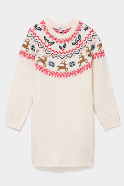 Robe pull droite manches longues No&euml;l ecru fille