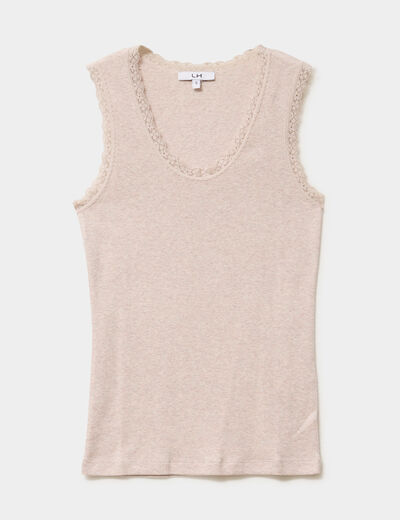 D&eacute;bardeur coton bords dentelle beige femme