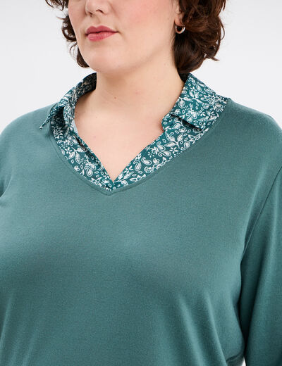 Pull 2-en-1 col chemise manches 3/4 vert foncé femme grande taille