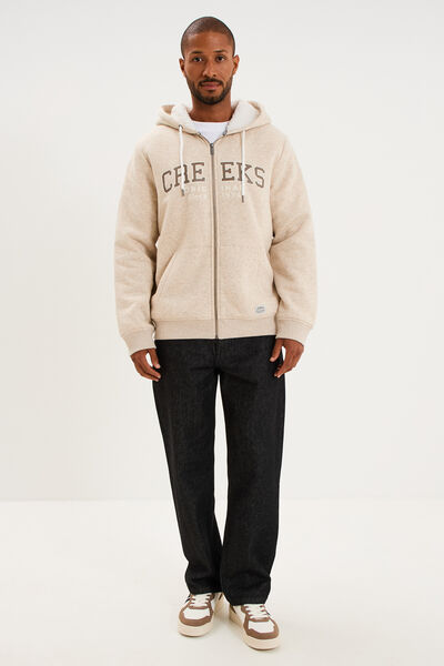 Sweat zipp&eacute; &agrave; capuche doubl&eacute; polaire beige homme