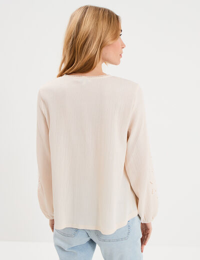 Blouse manches brod&eacute;es ajour&eacute;es coton beige femme