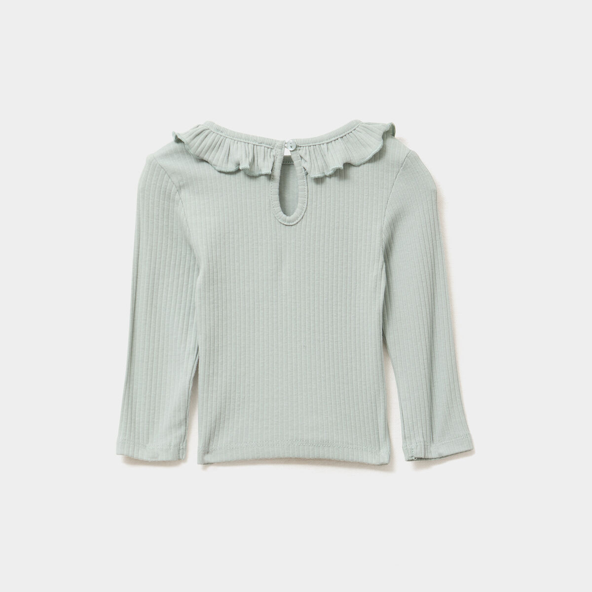T-shirt côtelé col à volants vert pastel bébé fille