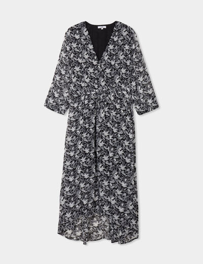 Robe midi col cache-coeur fluide noir femme