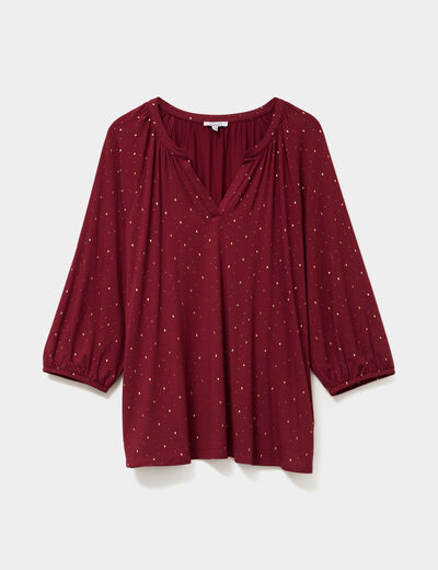 Blouse col en V manches 3/4 bordeaux femme grande taille