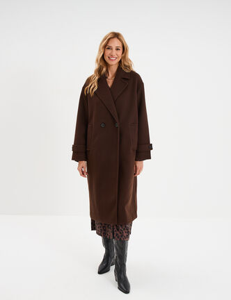 Manteau long boutonn&eacute; marron fonc&eacute; femme