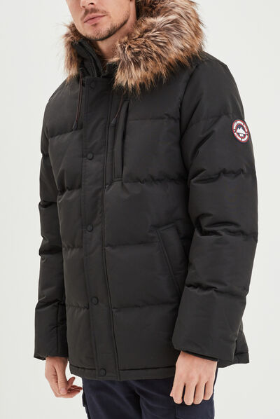 Parka courte avec capuche fourrure noir homme