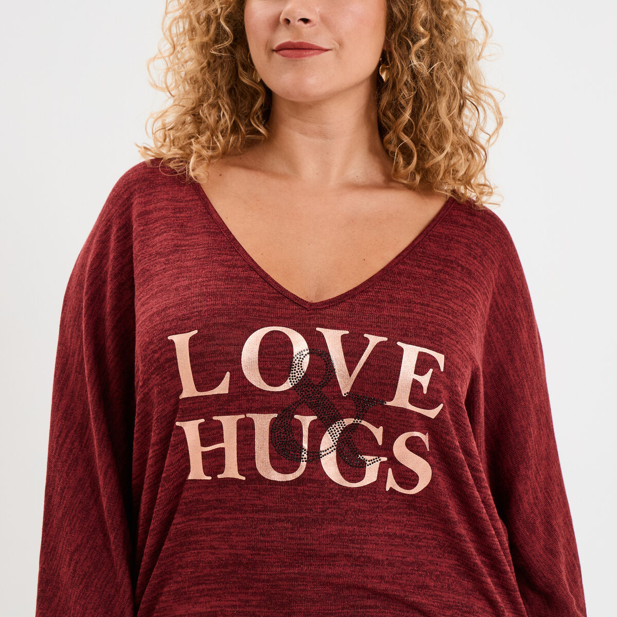 Pull manches 3/4 chauve-souris col V bordeaux femme grande taille