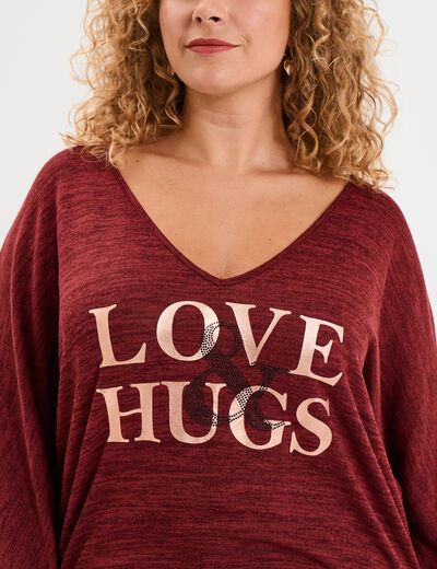 Pull manches 3/4 chauve-souris col V bordeaux femme grande taille