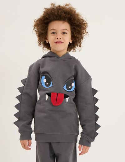 Sweat hoodie détails fantaisie coton gris foncé garçon