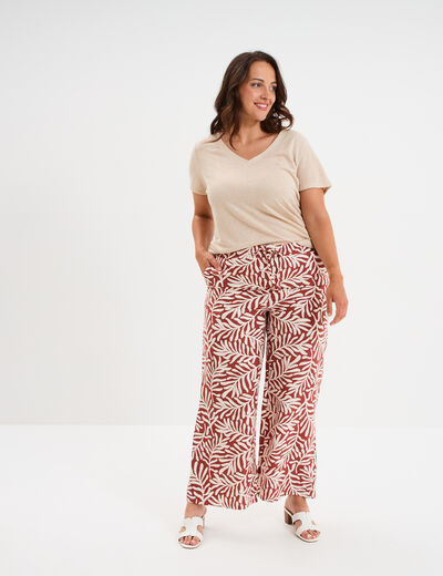 T-shirt col en V manches courtes beige femme grande taille