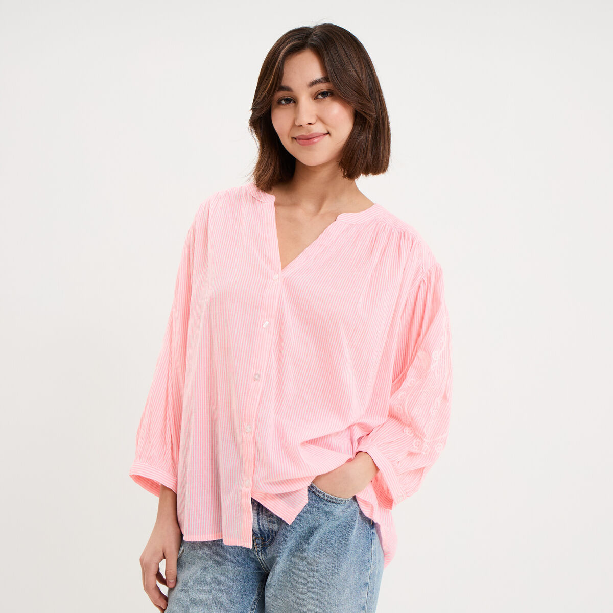 Blouse oversize manches brod&eacute;es rose fluo femme