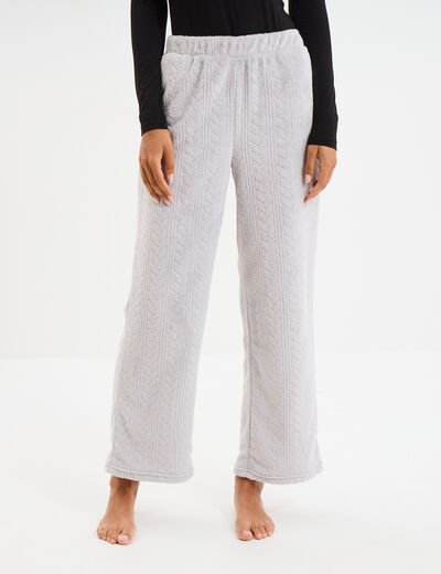 Pantalon effet polaire d&eacute;tails torsades gris clair femme
