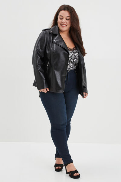 Veste biker ajustée simili cuir noir femme grande taille