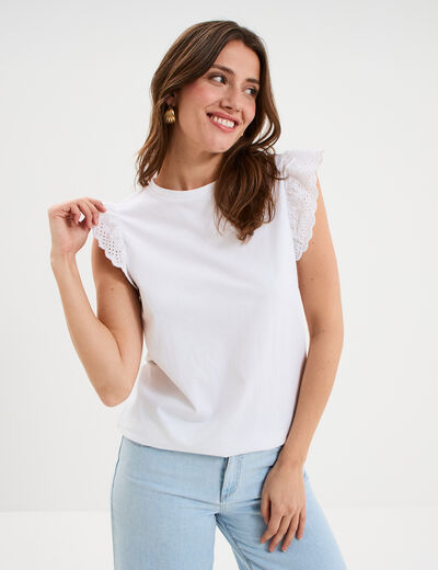 D&eacute;bardeur volants broderie anglaise blanc femme
