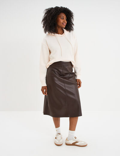 Jupe simili cuir midi trapèze marron foncé femme