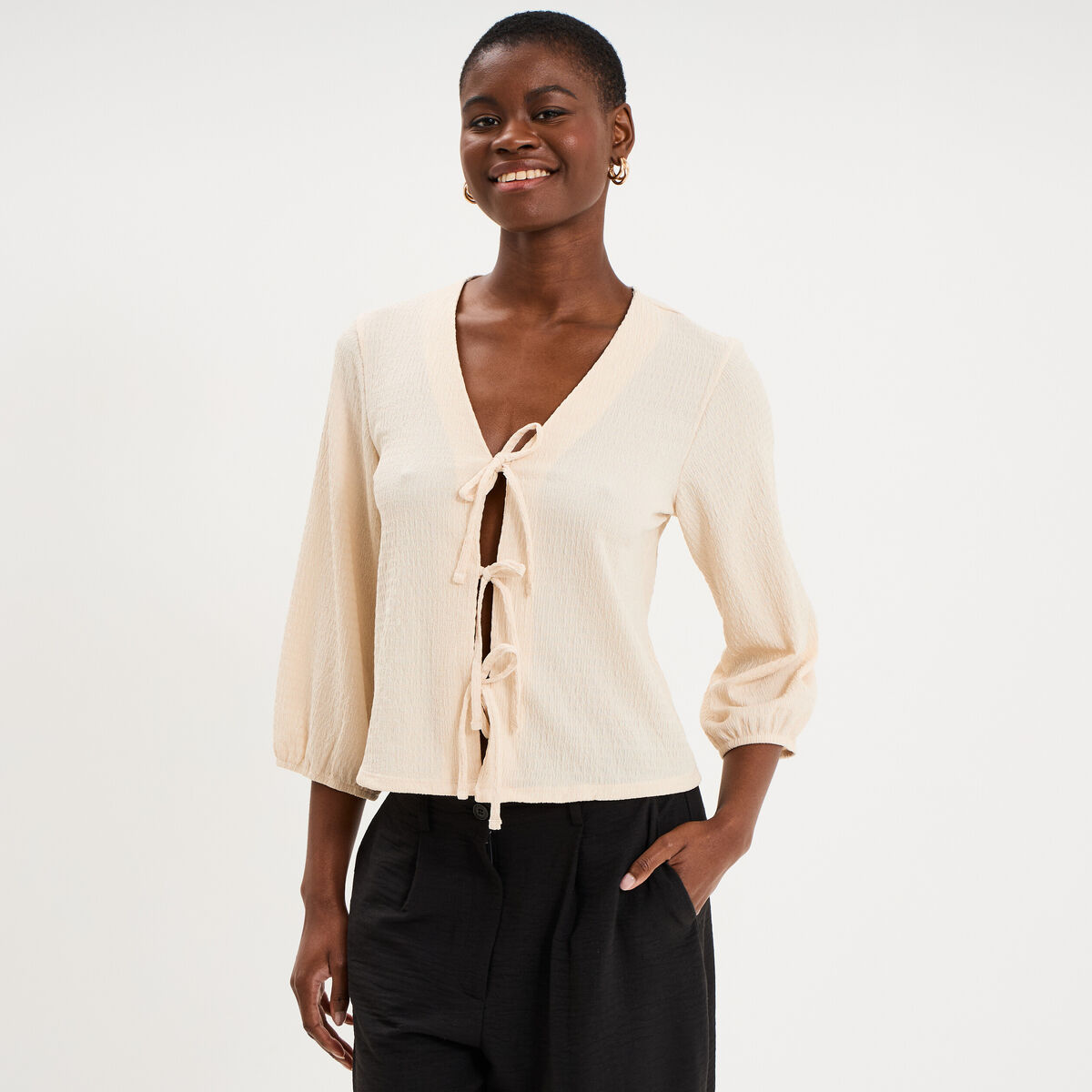 Blouse nou&eacute;e devant manches 3/4 sable femme